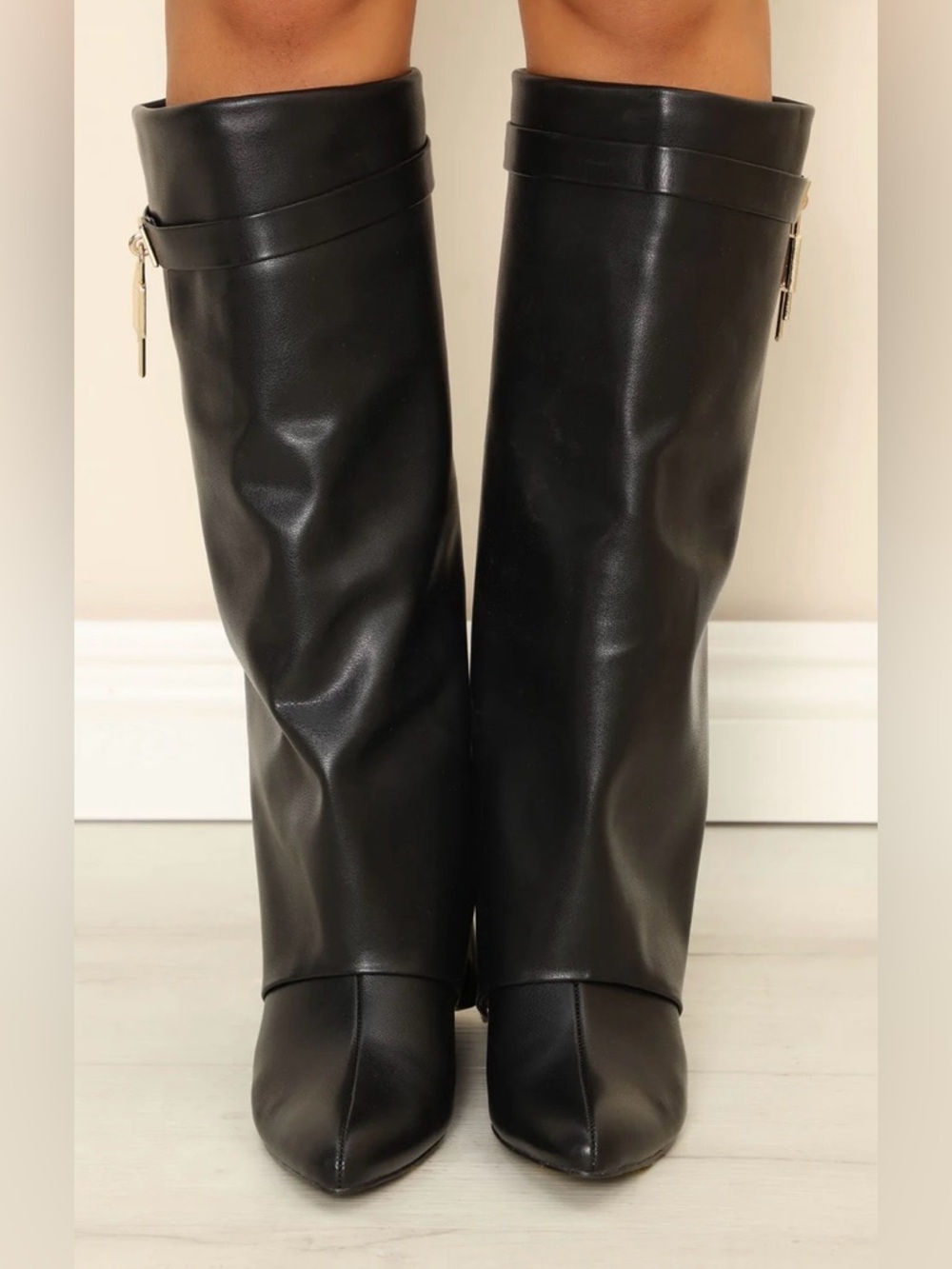 Fashion Nova Black Over-the-Knee Faux Leather Boots with Side Zip Size 8